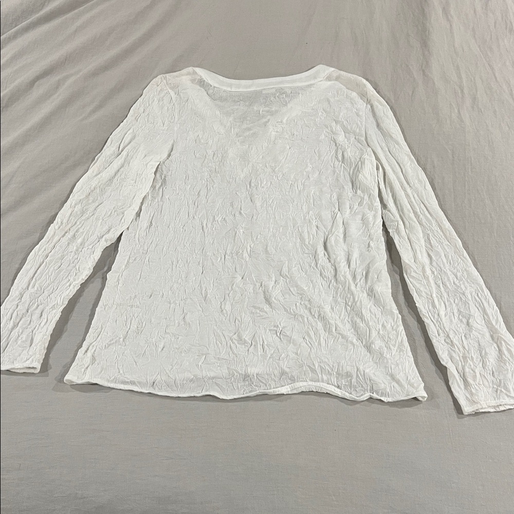 SUNDANCE Legacy Lace-Up V-Neck Crinkle Embroidered White Long Sleeve Breezy Top - Picture 3 of 7